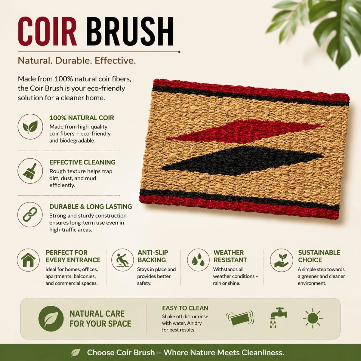 Coir Door Mat, Natural Coconut Fibre, 52 x 31 cm, 1 Qty view 2