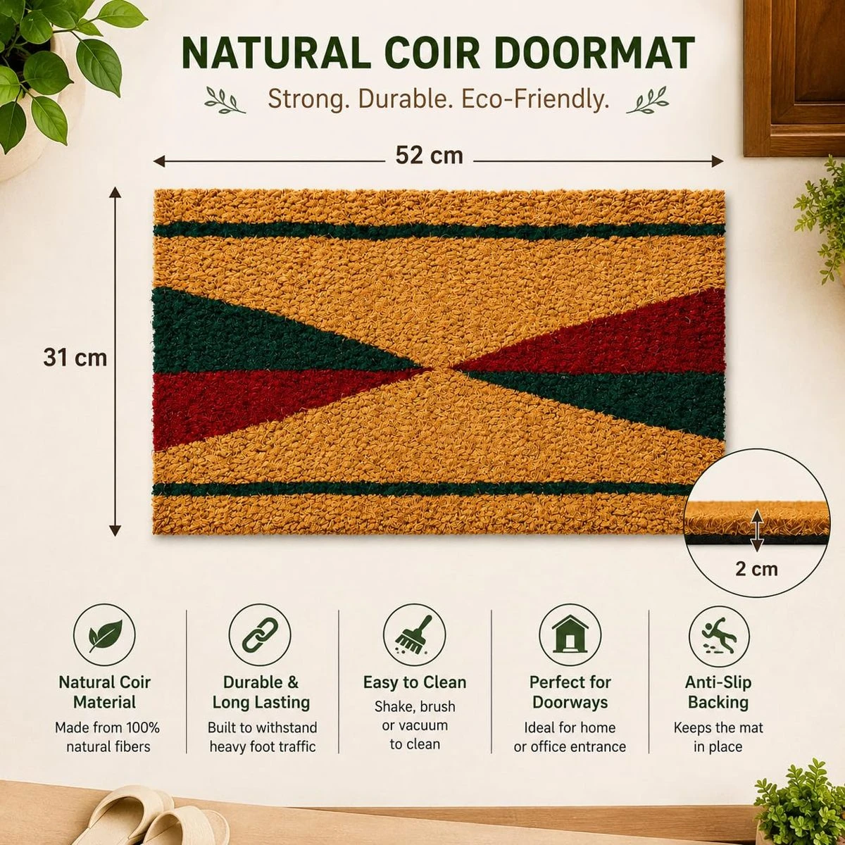 Coir Door Mat, Natural Coconut Fibre, 52 x 31 cm, 1 Qty view 3