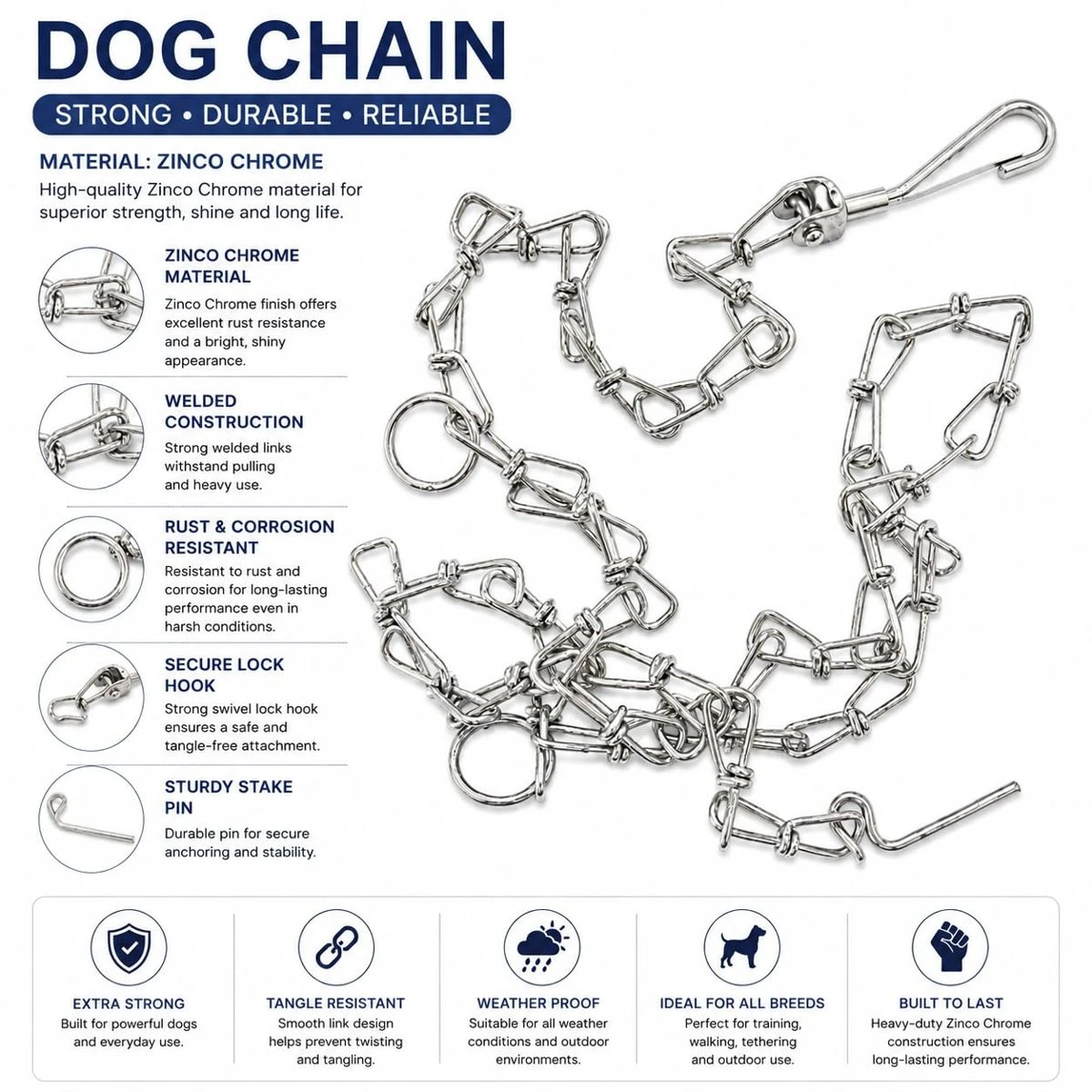 Dog Chain Lead, Heavy Duty Metal Leash, 175 cm, 1 Qty view 2