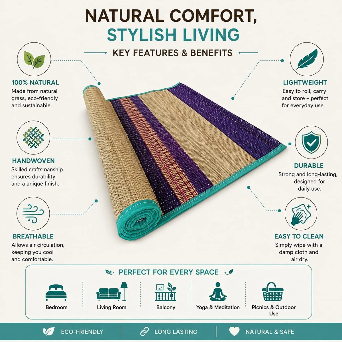 Korai Grass Mat, Natural Pai, 6 x 2.5 Feet, 2 Qty view 2