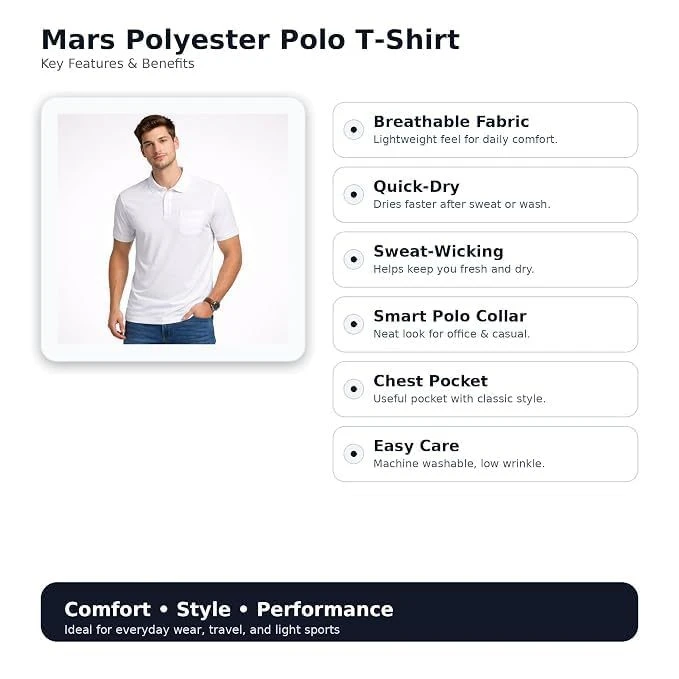 Men's Polyester Polo T-Shirt, Pocket, White, L, 1 Qty view 2