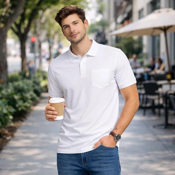 Men's Polyester Polo T-Shirt, Pocket, White, L, 1 Qty view 5