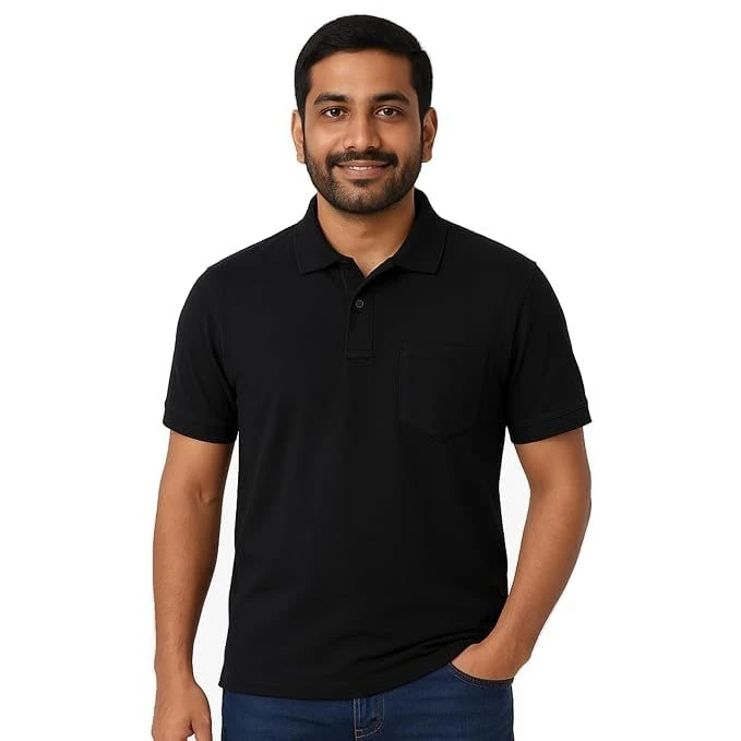Men's Cotton Polo T-Shirt with Pocket, Black, XL, 1 Qty view 1