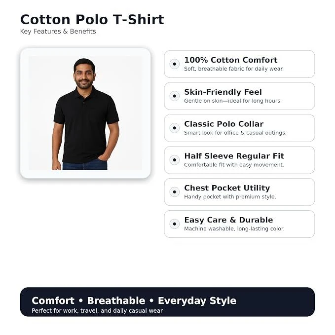 Men's Cotton Polo T-Shirt with Pocket, Black, XL, 1 Qty view 2