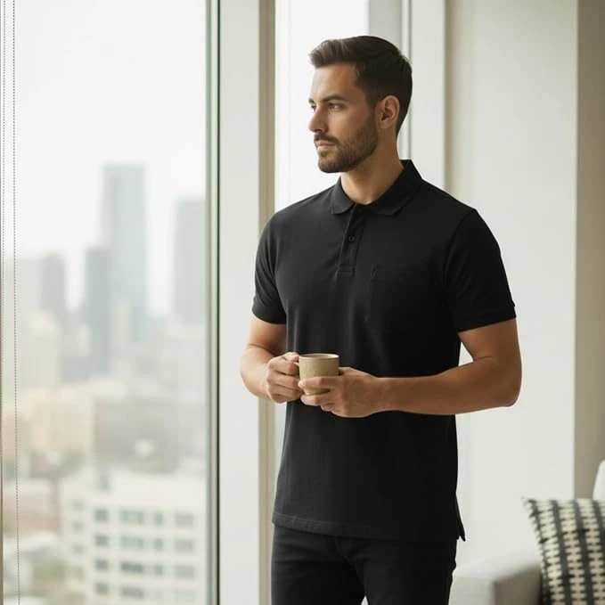 Men's Cotton Polo T-Shirt with Pocket, Black, XL, 1 Qty view 3