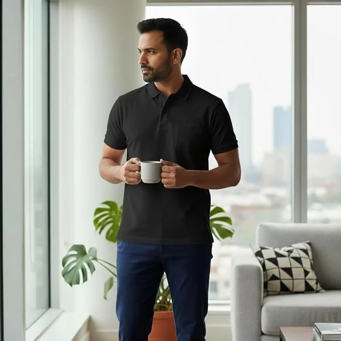 Men's Cotton Polo T-Shirt with Pocket, Black, XL, 1 Qty view 5