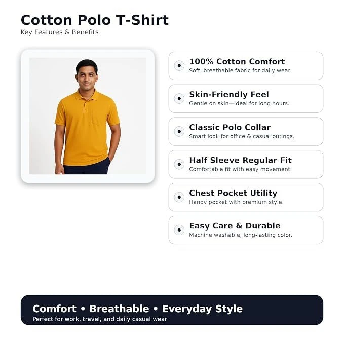 Men's Cotton Polo T-Shirt, Pocket, Mustard Yellow, XL, 1 Qty view 2