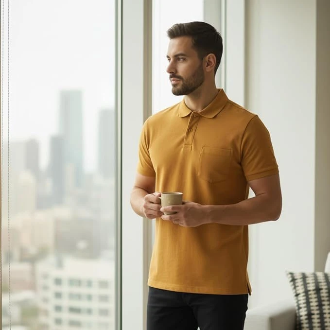Men's Cotton Polo T-Shirt, Pocket, Mustard Yellow, XL, 1 Qty view 4