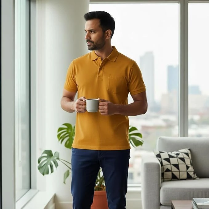 Men's Cotton Polo T-Shirt, Pocket, Mustard Yellow, XL, 1 Qty view 5