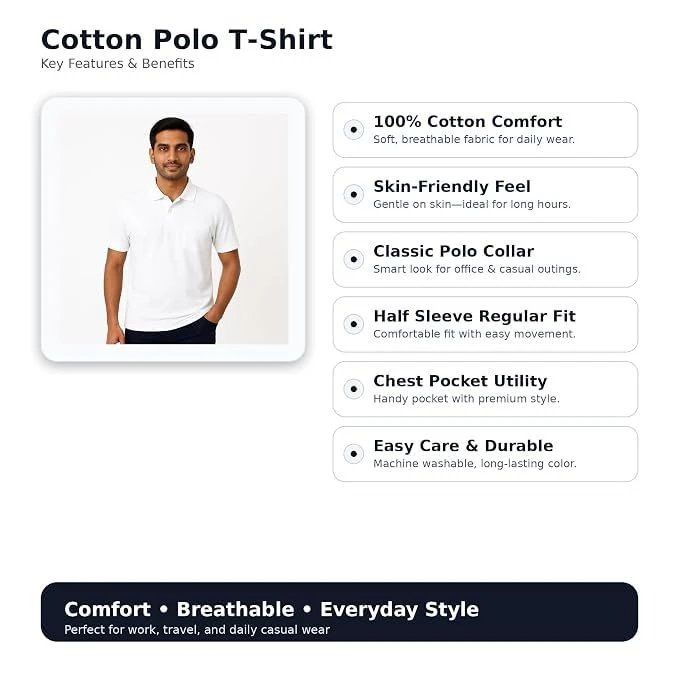 Men's Cotton Polo T-Shirt with Pocket, White, XL, 1 Qty view 2