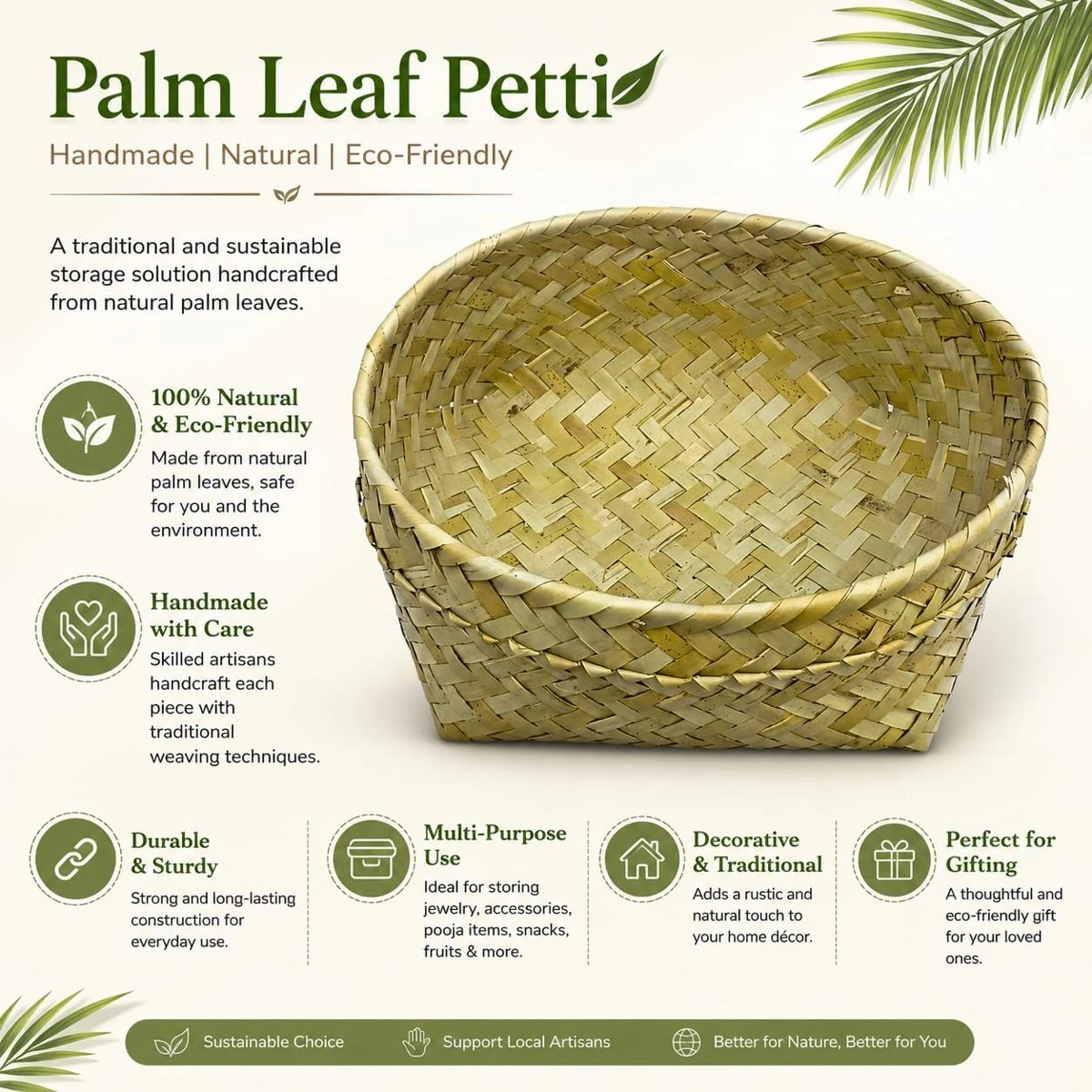 iINTELLIGENCEi Palm Leaf Petti Basket, Handwoven, 34x24x16 cm, 10 Qty view 2