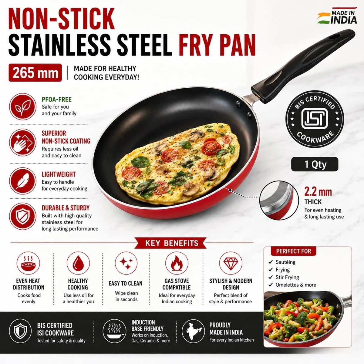 iINTELLIGENCEi Non-Stick Fry Pan with Handle, Frying Pan Tawa, 26 cm, 1 Qty view 2