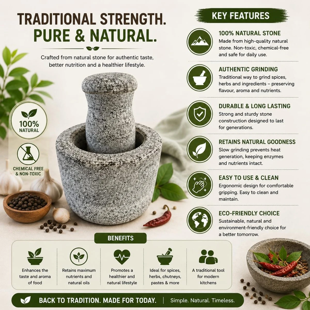 iINTELLIGENCEi Stone Mortar and Pestle, Kal Ural, 10.5 x 20.5 cm, 1 Qty view 2