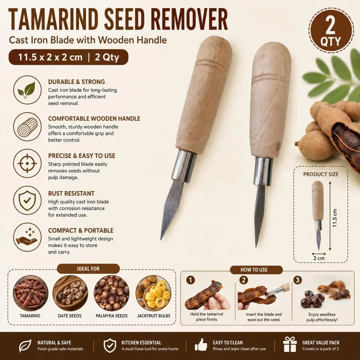 iINTELLIGENCEi Tamarind Seed Remover Kitchen Tool, 12x2x2 cm, 2 Qty view 2
