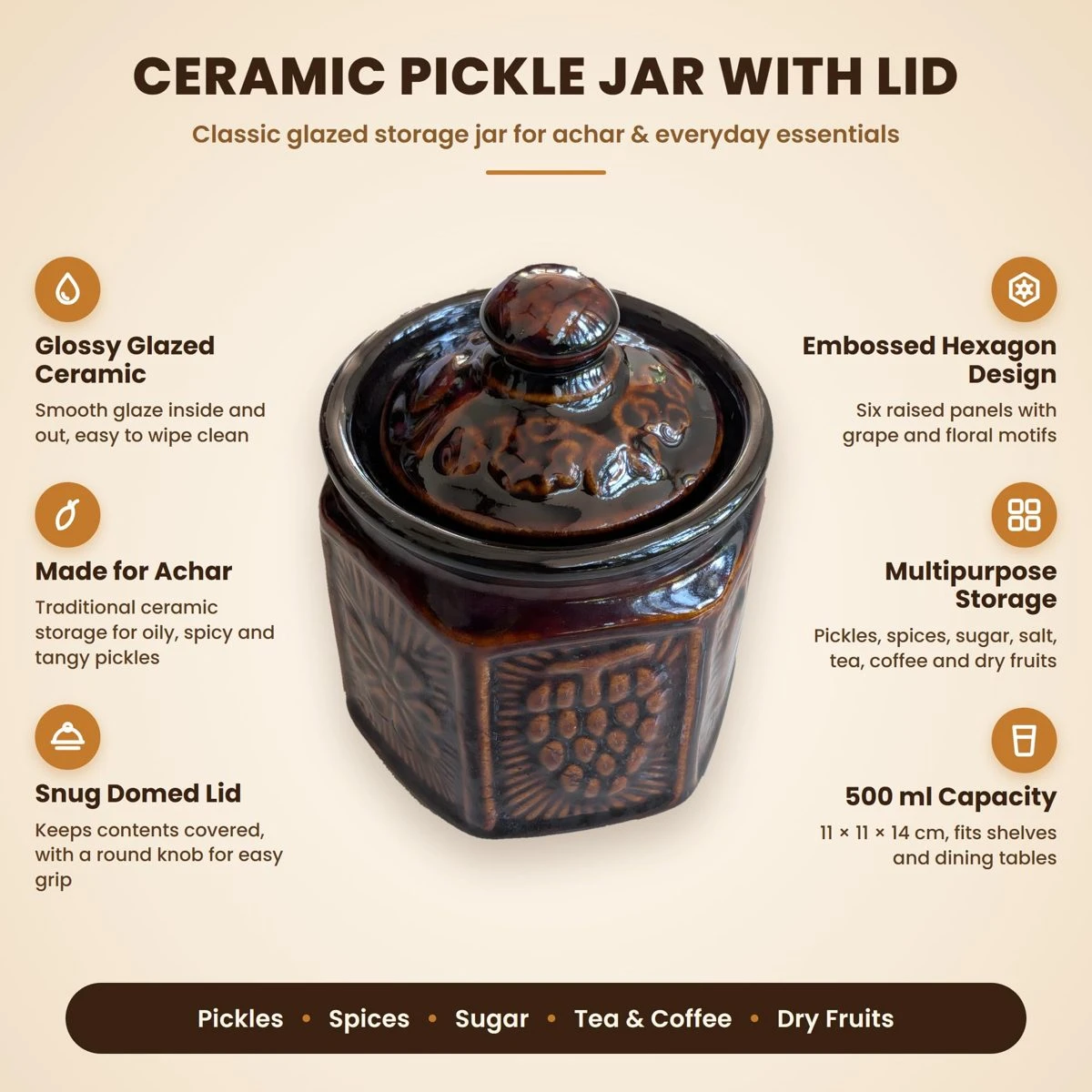 iINTELLIGENCEi Ceramic Pickle Jar with Lid, 500 ml Brown Achar Barni view 3
