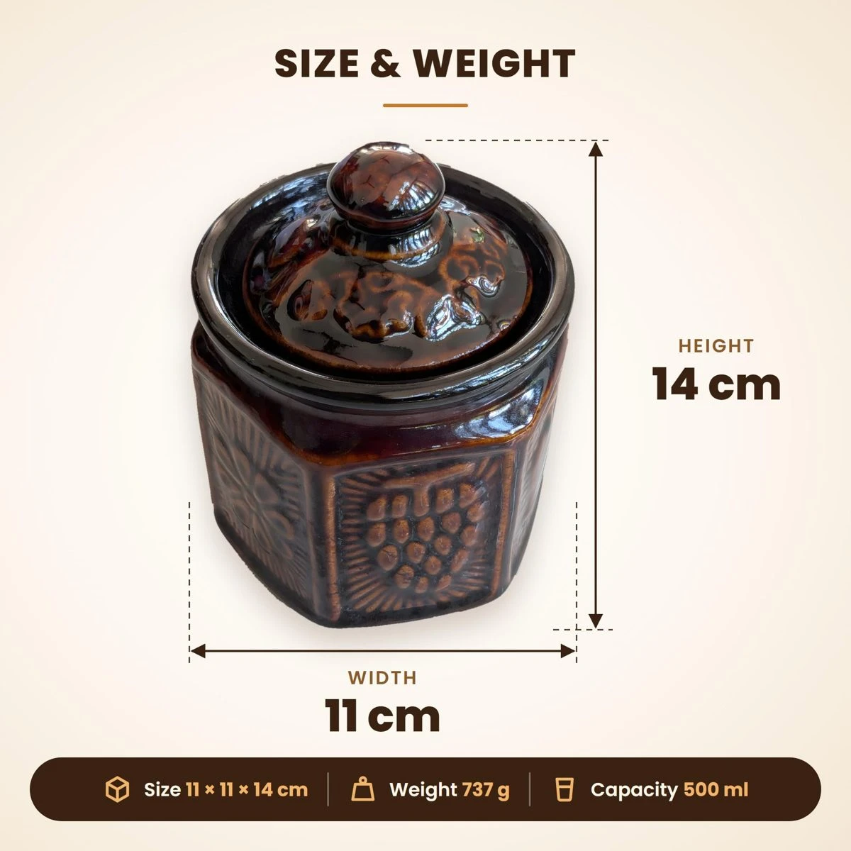 iINTELLIGENCEi Ceramic Pickle Jar with Lid, 500 ml Brown Achar Barni view 4