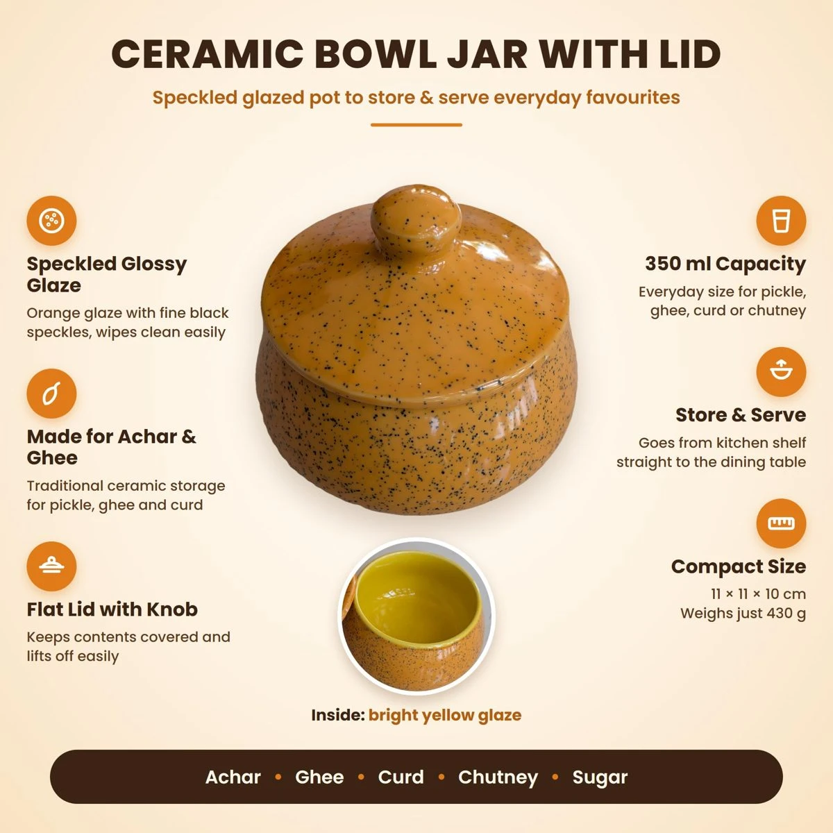 iINTELLIGENCEi Ceramic Ghee Pot with Lid, 350 ml Orange Achar Handi view 2