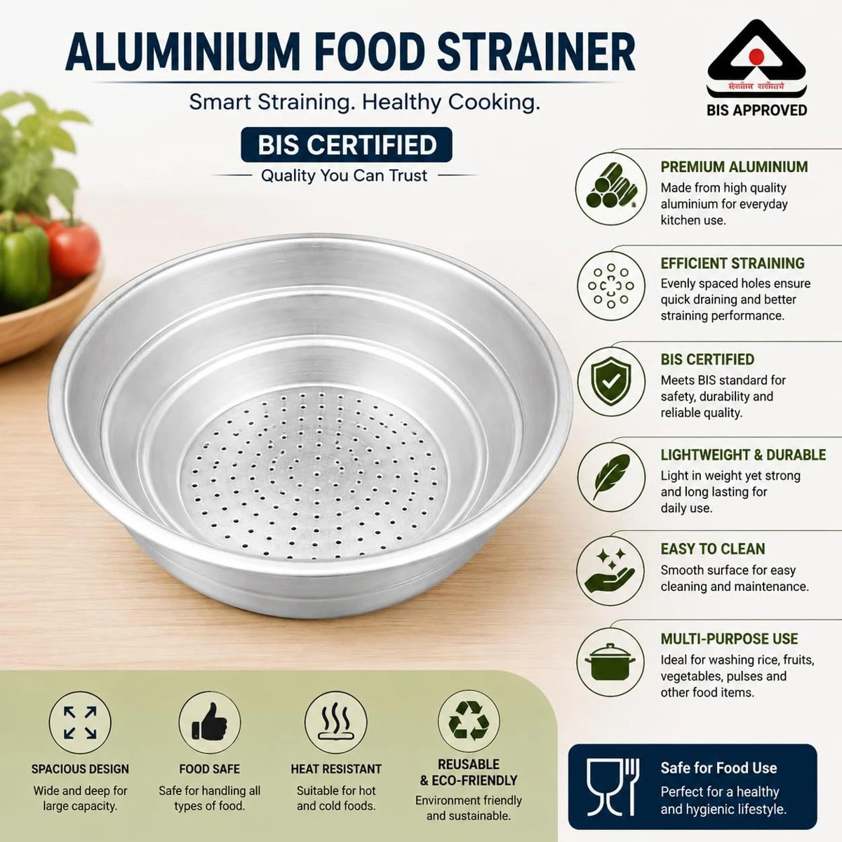iINTELLIGENCEi Aluminium Food Strainer, 27x27x7.5 cm, 1 Qty view 2