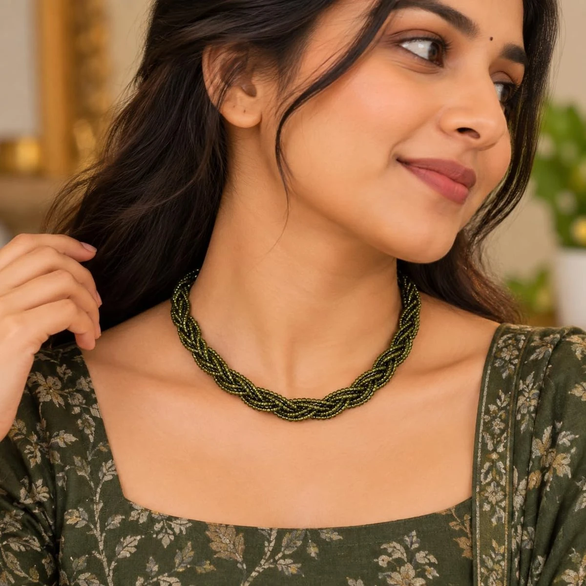 Hydro Crystal Braided Choker Necklace, Olive Green, 1 Qty view 3