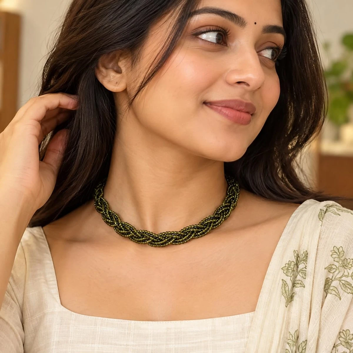 Hydro Crystal Braided Choker Necklace, Olive Green, 1 Qty view 5