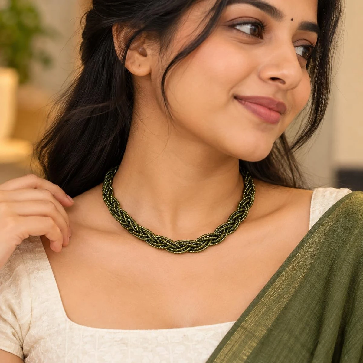 Hydro Crystal Braided Choker Necklace, Olive Green, 1 Qty view 6