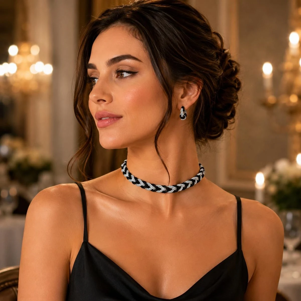Hydro Crystal Braided Choker Necklace, White&Black, 1 Qty view 2