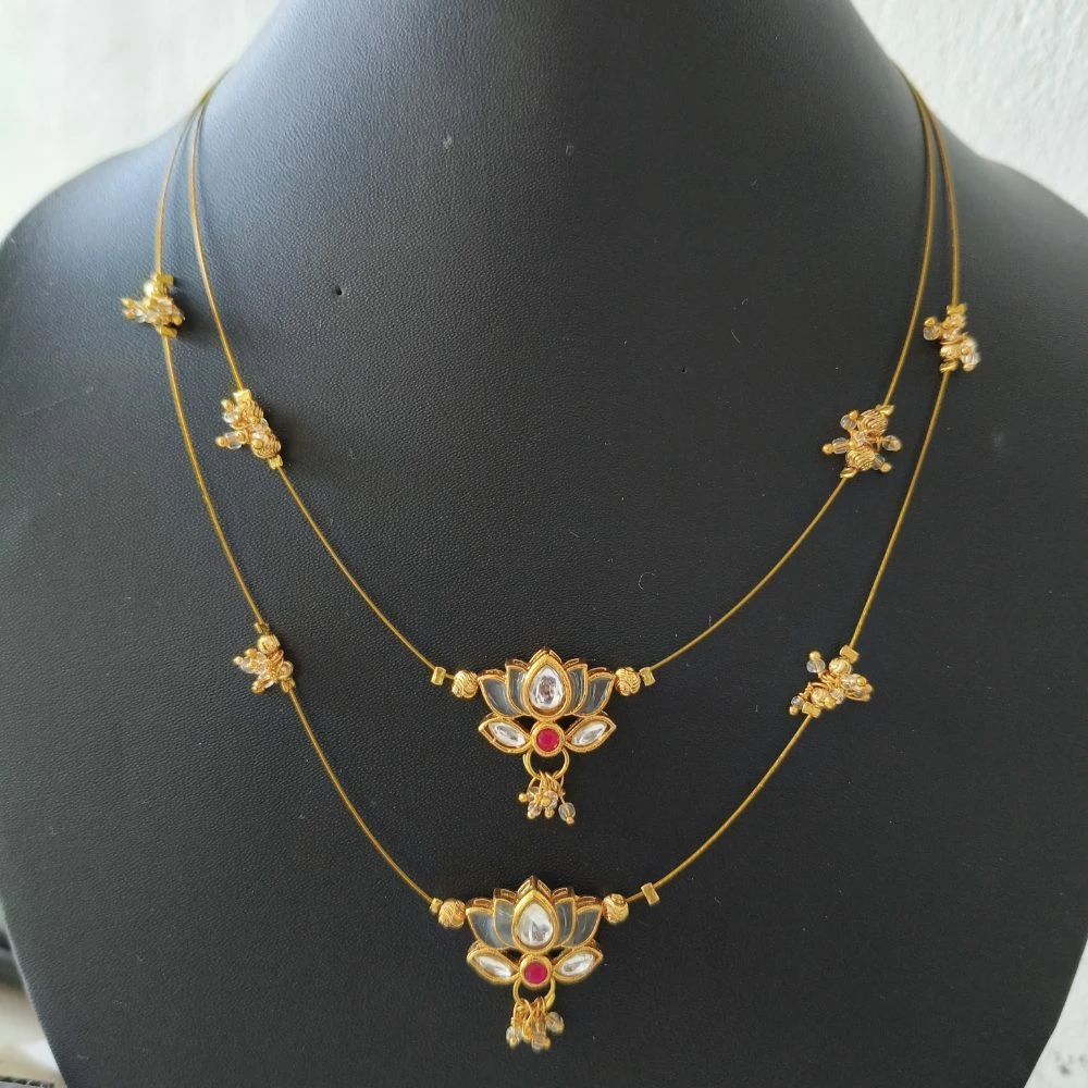Invisible Chain Necklace, Double Layer, Grey Stone Double Lotus Pendant, Gold Tone, 1 Qty view 1