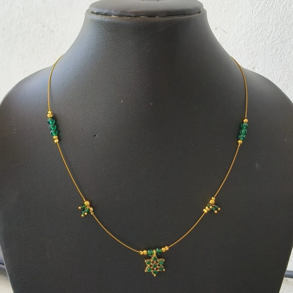 Invisible Chain Necklace, Single Layer, Green Beads, Floral Pendant, Gold Tone, 1 Qty view 1
