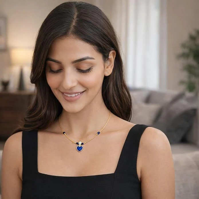 Invisible Chain Necklace, Single Layer, Blue Beads, Heart Pendant, Gold Tone, 1 Qty view 3