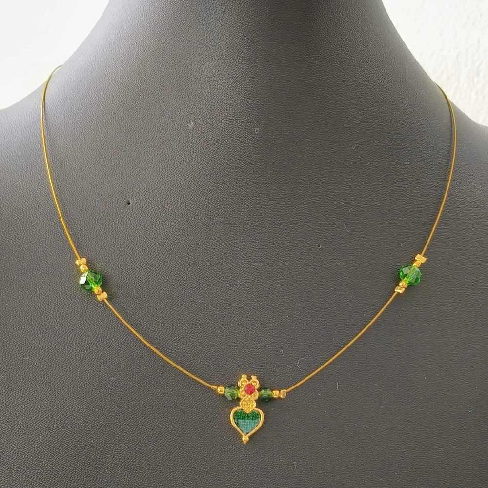 Invisible Chain Necklace, Single Layer, Green Beads, Heart Pendant, Gold Tone, 1 Qty view 1