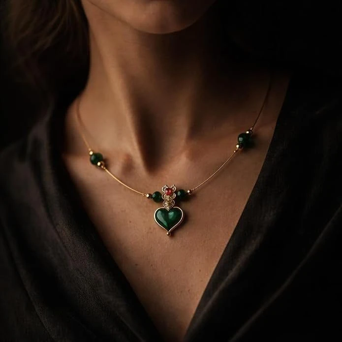Invisible Chain Necklace, Single Layer, Green Beads, Heart Pendant, Gold Tone, 1 Qty view 3