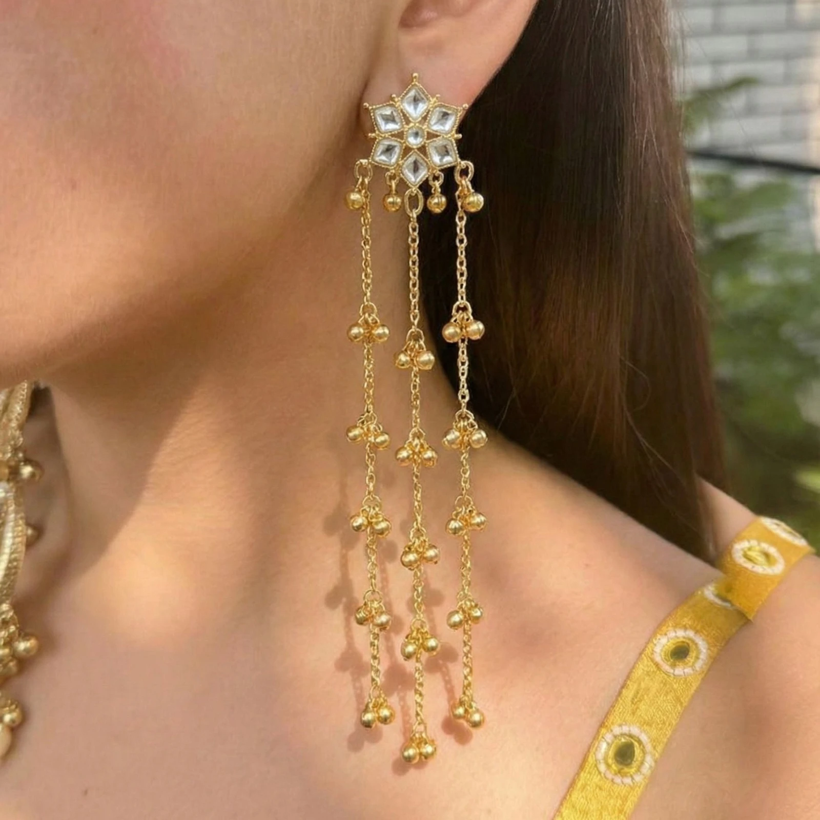 Tahaniya Stylish Gold Plated Long Chain Kashmiri Earrings for Women And Girls Jhumki Earring view 4