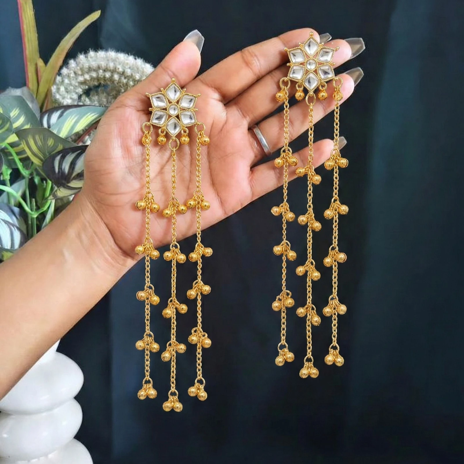 Tahaniya Stylish Gold Plated Long Chain Kashmiri Earrings for Women And Girls Jhumki Earring view 5