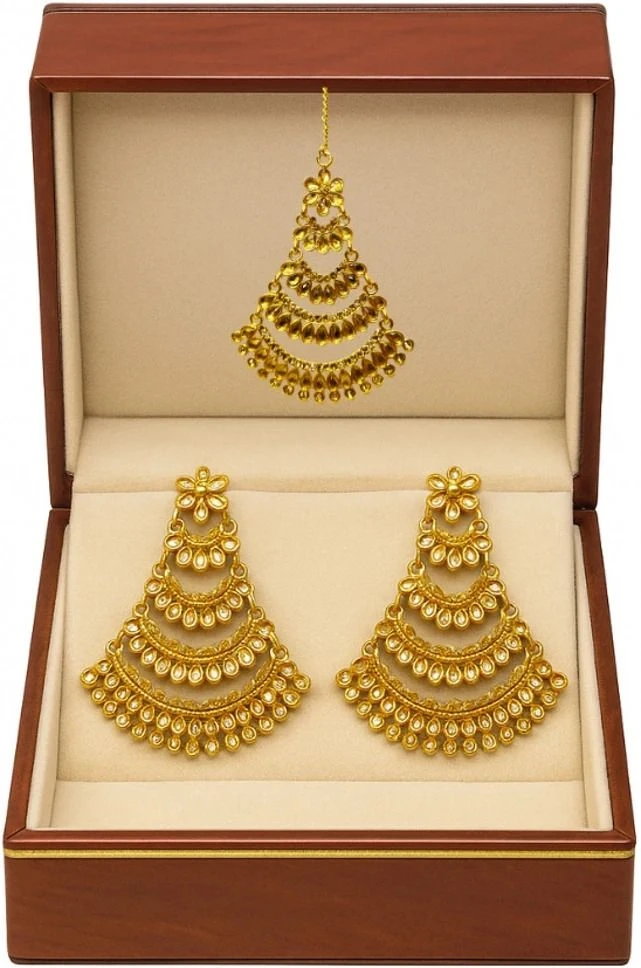 Tahaniya Kanchan Kalika Regal Radiance Maang Tika Set Chandbali Earring view 4