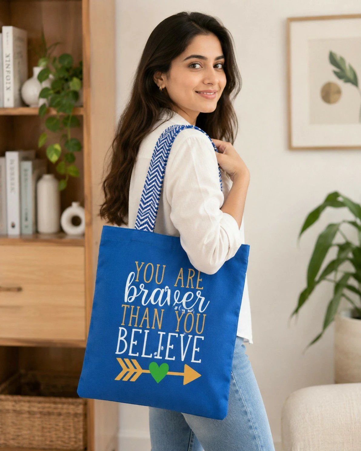 Blue Canvas Tote Bag - You Are Braver Than You Believe view 3