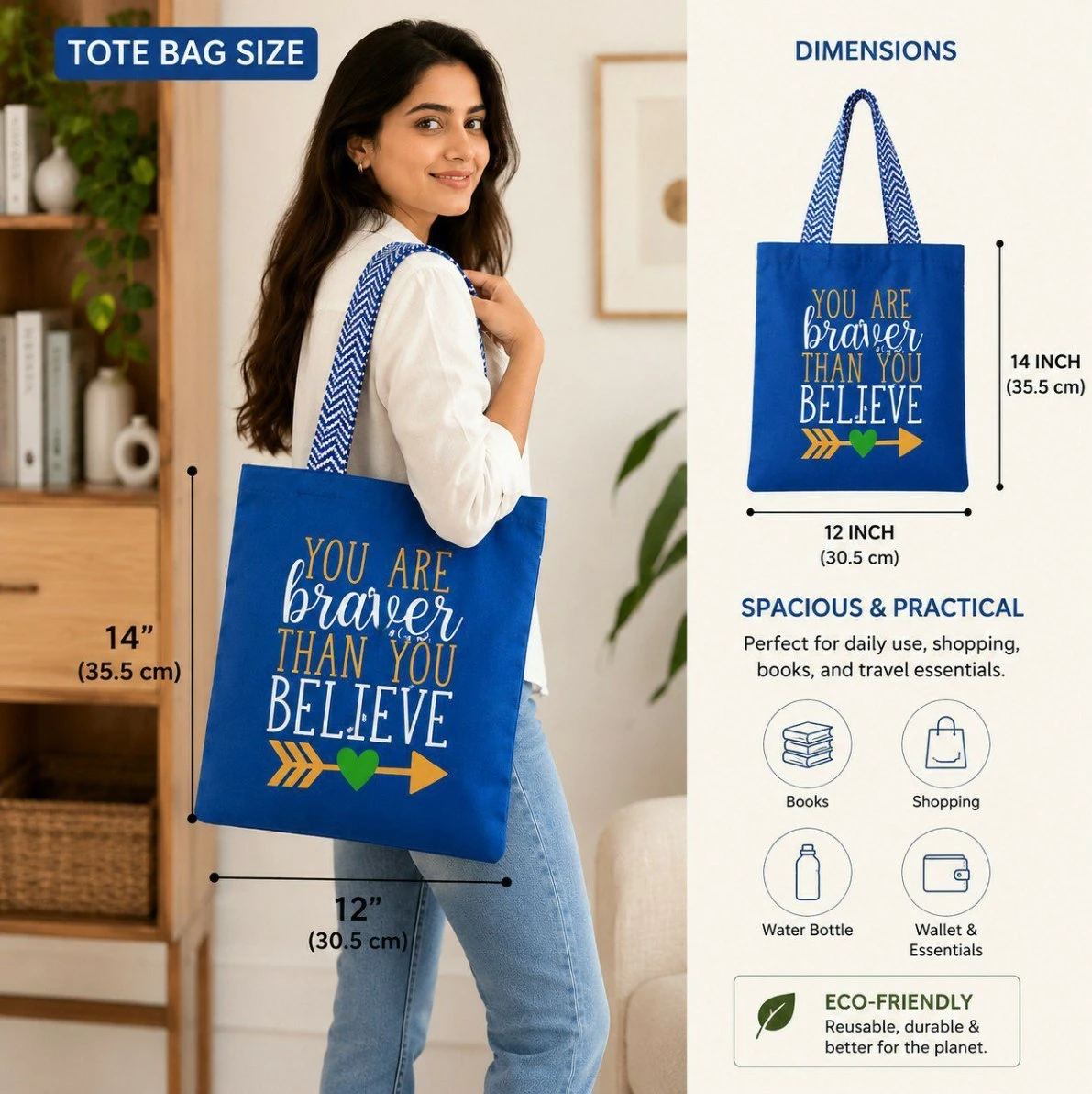 Blue Canvas Tote Bag - You Are Braver Than You Believe view 4