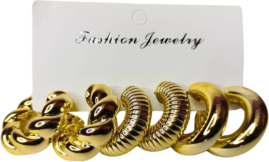 Tahaniya Gold-Tone Hoop Earrings Set, 3 Pairs, Twisted Rope and Ribbed Design Styles Hoop Earring view 1
