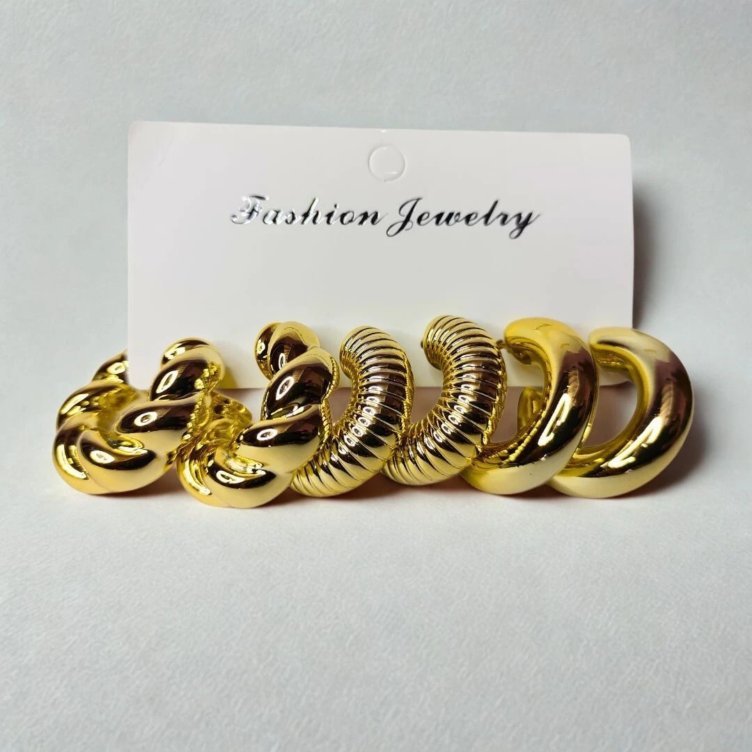 Tahaniya Gold-Tone Hoop Earrings Set, 3 Pairs, Twisted Rope and Ribbed Design Styles Hoop Earring view 2