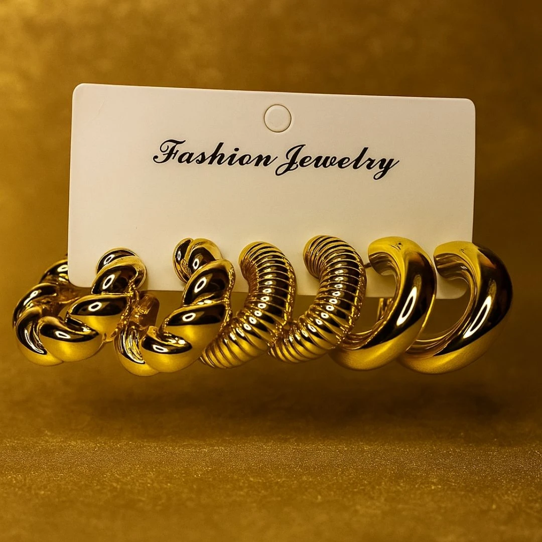 Tahaniya Gold-Tone Hoop Earrings Set, 3 Pairs, Twisted Rope and Ribbed Design Styles Hoop Earring view 3