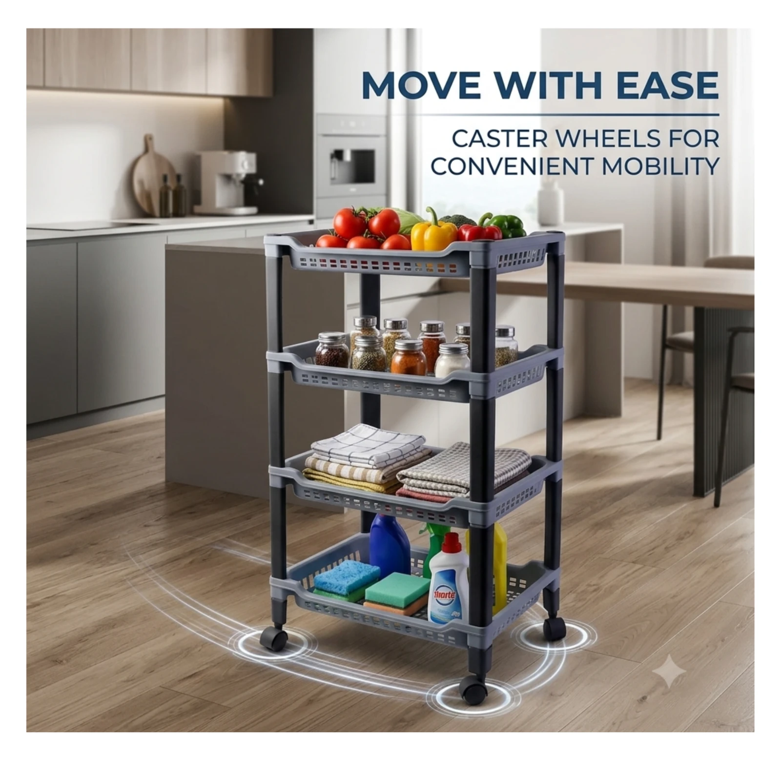 4-Tier Rolling Kitchen Storage Trolley Rack with Caster Wheels