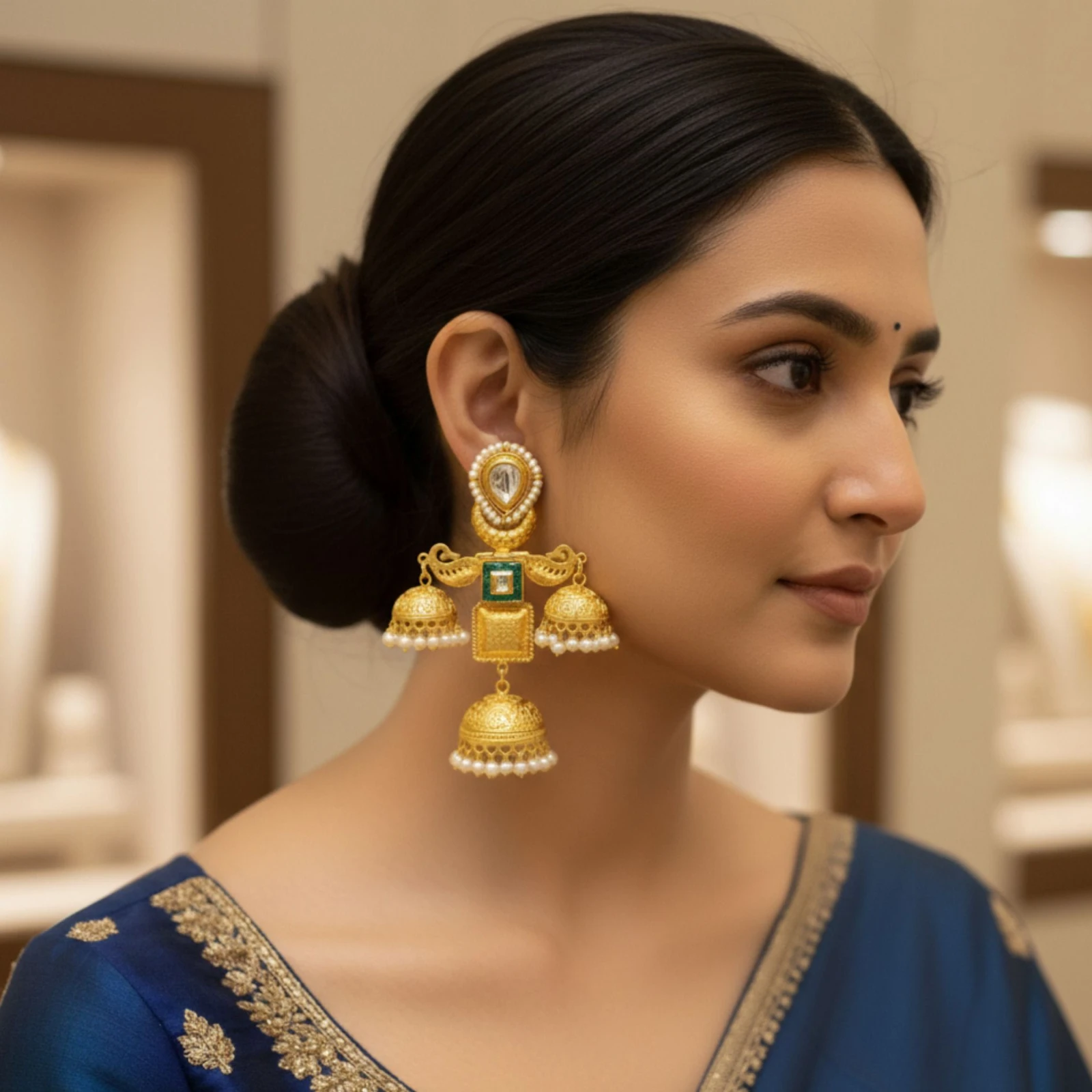 Tahaniya LONG INDIAN TRADITIONAL DANGLER JHUMKA Stud Earring view 5