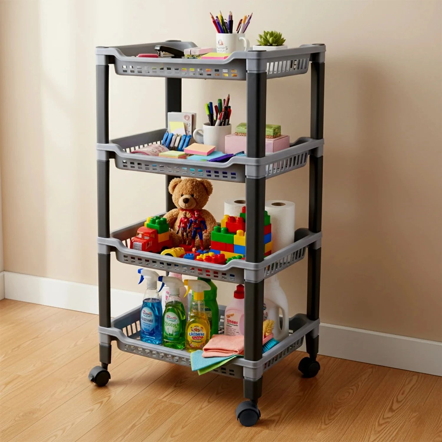 4-Tier Rolling Kitchen Storage Trolley Rack with Caster Wheels view 3