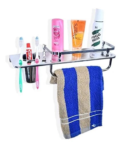 Design Studio Stainless Steel 3 in 1 Multipurpose Bathroom Shelf Rack Towel Rod Tumbler Holder with Brush Hanger view 2
