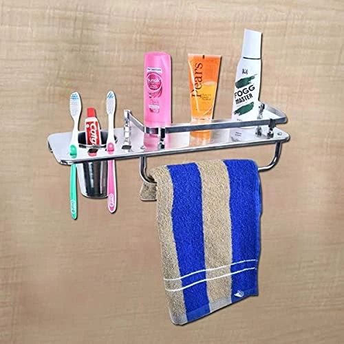 Design Studio Stainless Steel 3 in 1 Multipurpose Bathroom Shelf Rack Towel Rod Tumbler Holder with Brush Hanger view 3