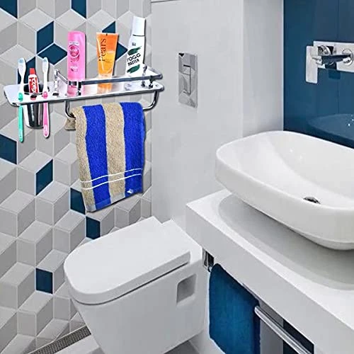 Design Studio Stainless Steel 3 in 1 Multipurpose Bathroom Shelf Rack Towel Rod Tumbler Holder with Brush Hanger view 4