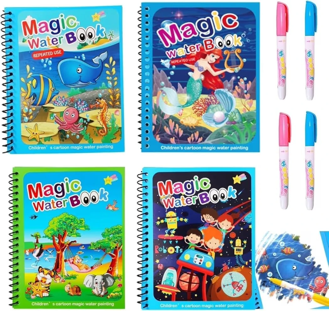 Water Marker Magic Book for Kids, 4 Different Theme Magic Books, Educational, Promote Fine Motor & Drawing Skills, Reusable, Mess-Free Art with Quick Dry Technology view 1
