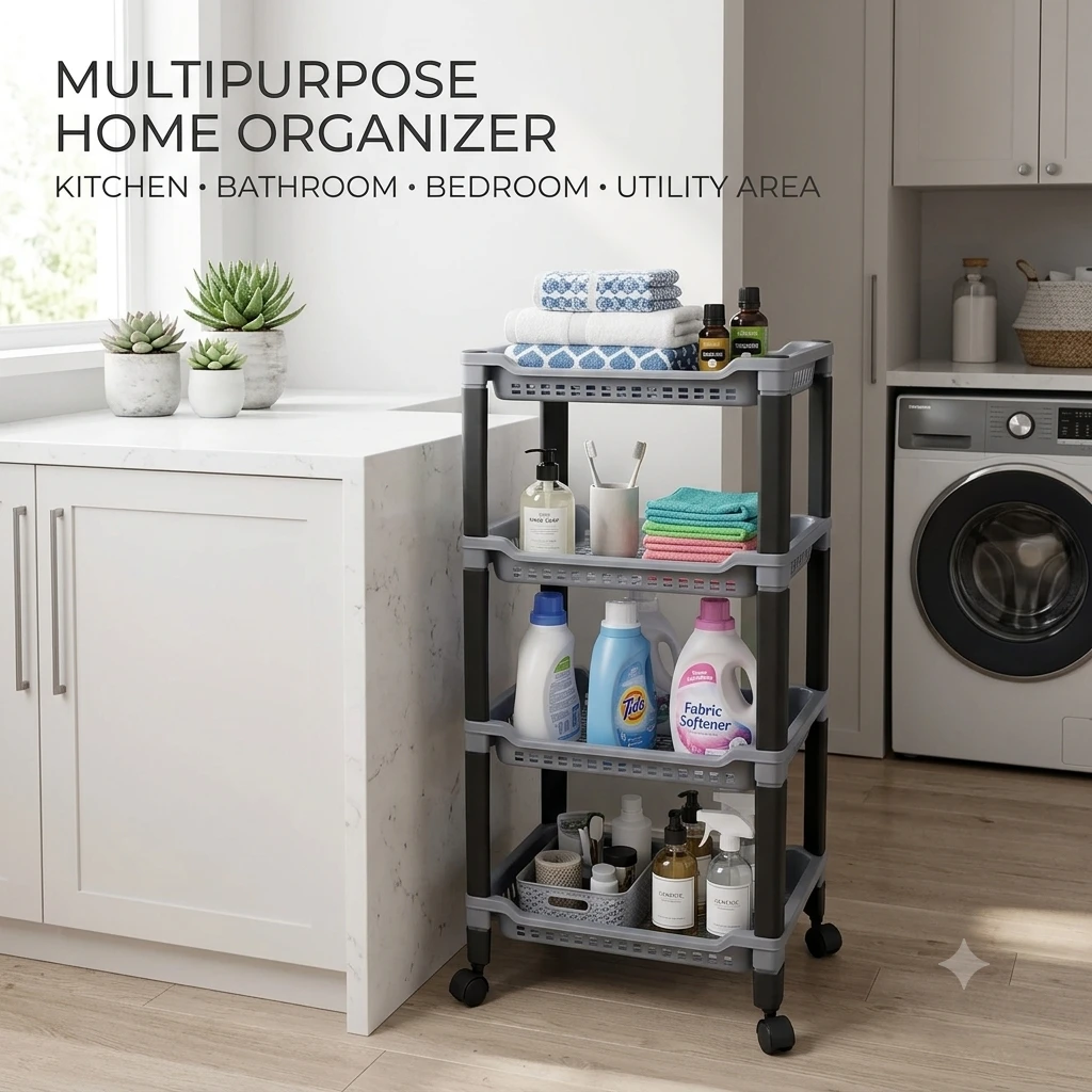 4-Tier Rolling Kitchen Storage Trolley Rack with Caster Wheels view 5