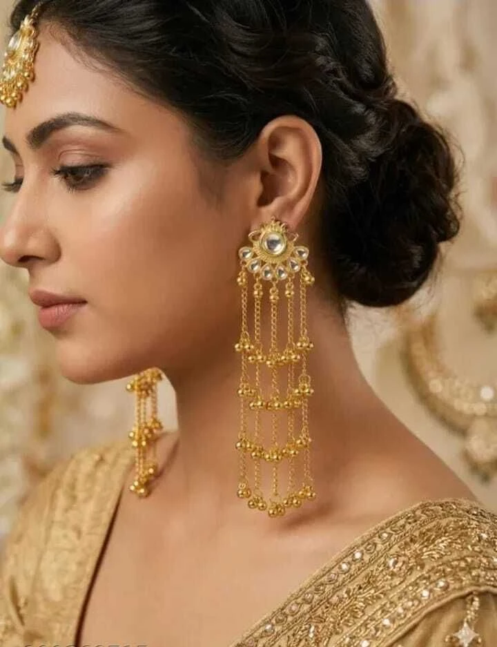 Tahaniya Kashmiri Style Gold Plated Long Chain Earrings Drops & Danglers view 4