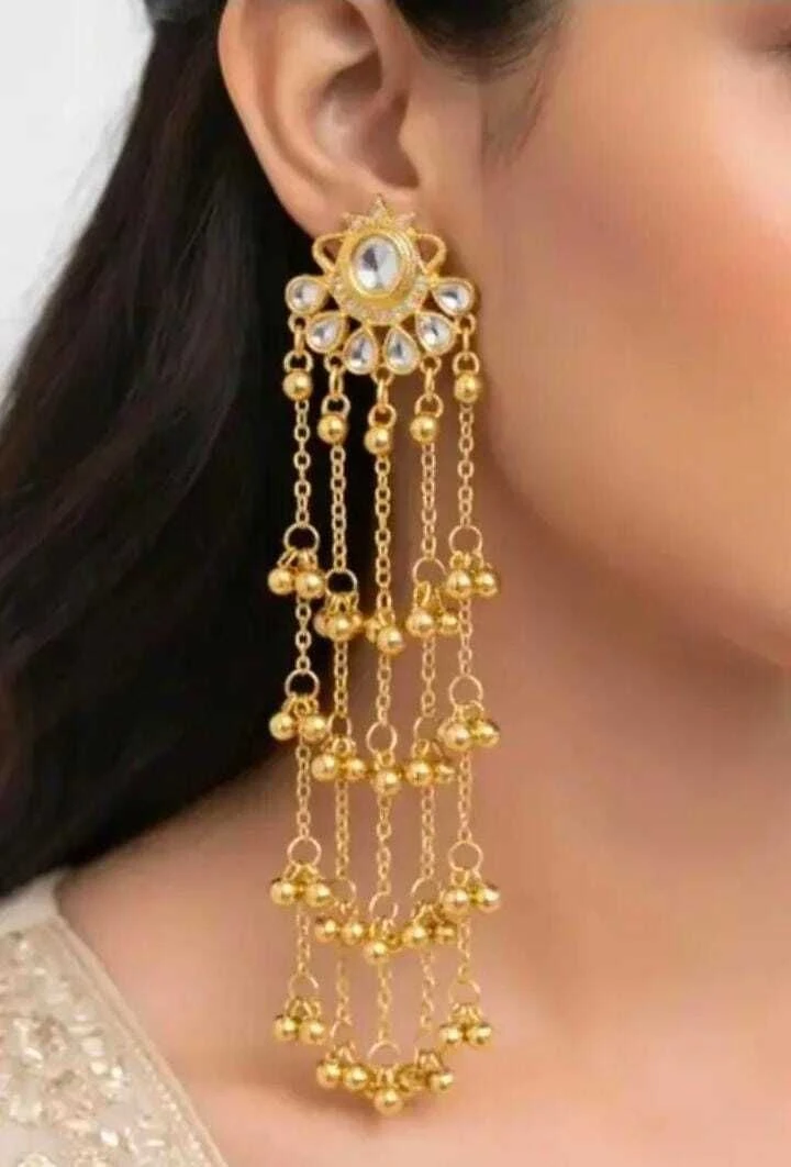 Tahaniya Kashmiri Style Gold Plated Long Chain Earrings Drops & Danglers view 5
