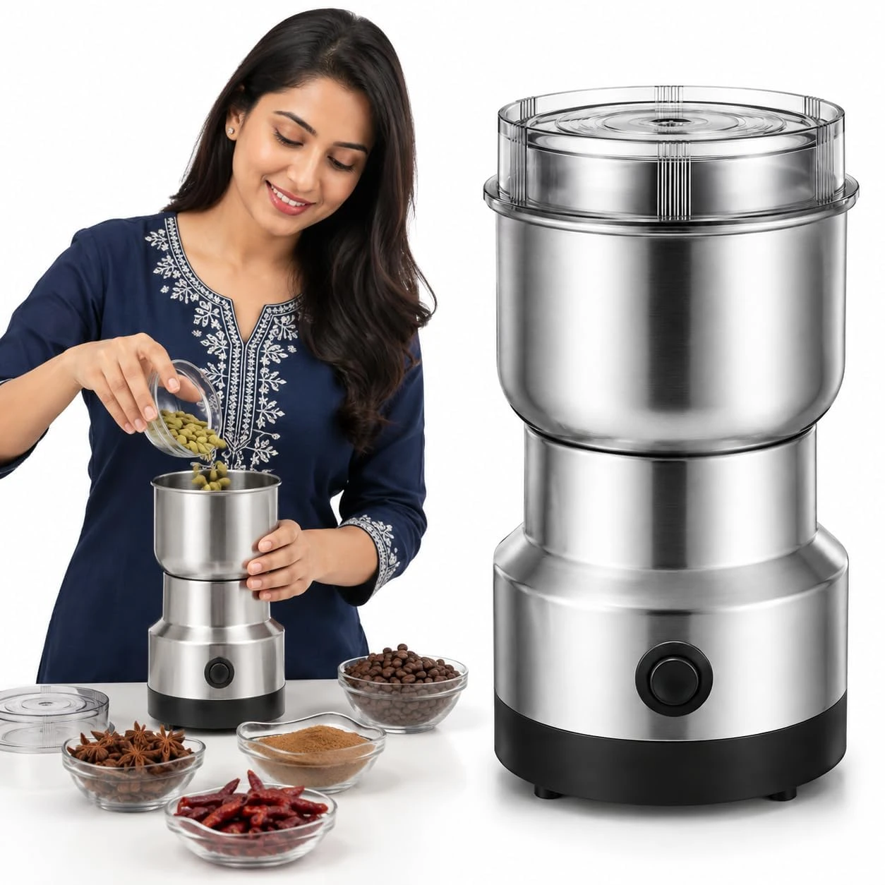 Design Studio Nima Stainless Steel Electric Grinder & Coffee Maker | 2-in-1 Multipurpose Masala & Coffee Grinder | Mini Mixi for Spices, Nuts & Seeds | Compact Kitchen Grinder (6 Months Warranty) view 1